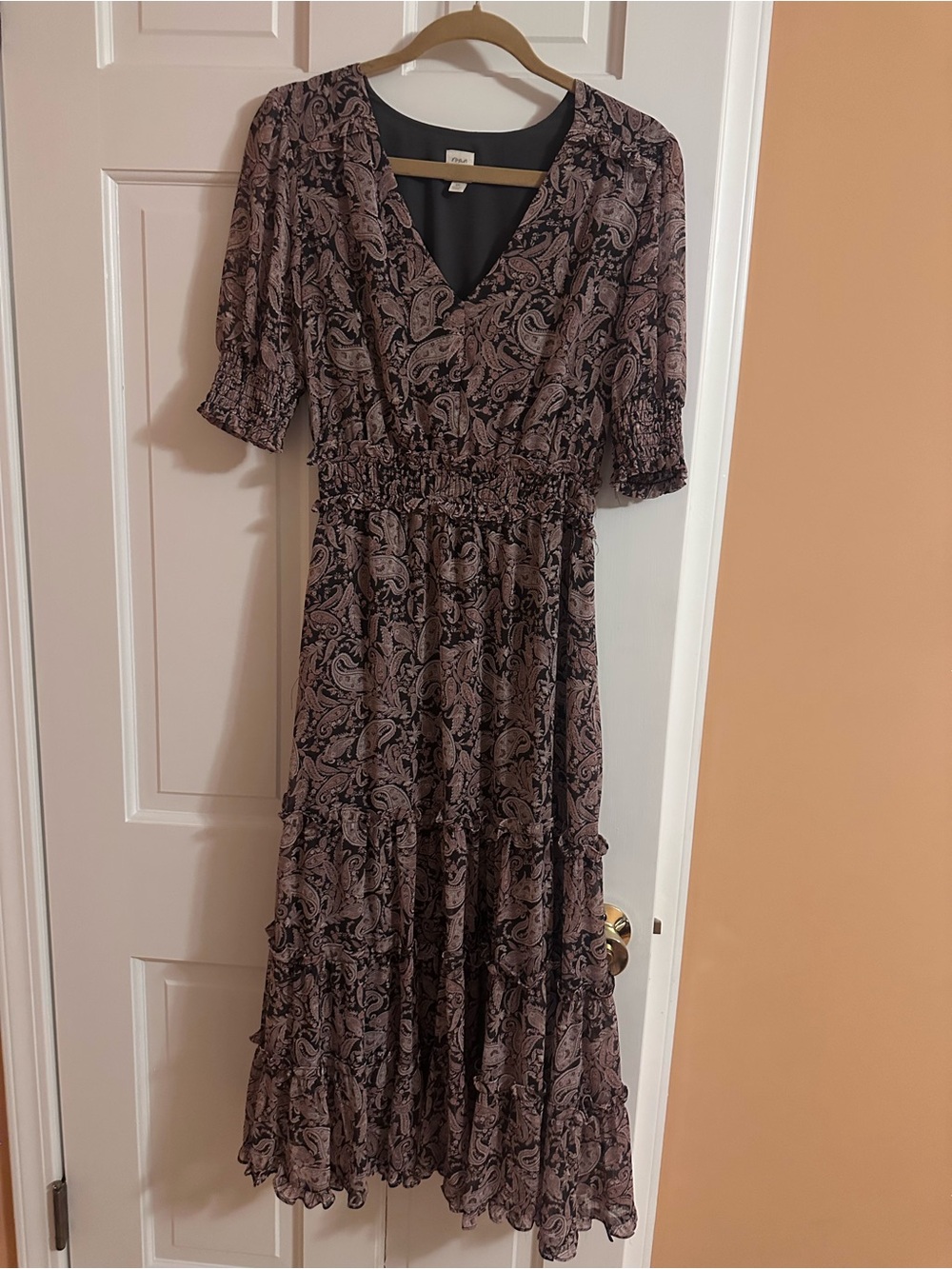 Smocked Waist Paisley Midi Dress in Mauve